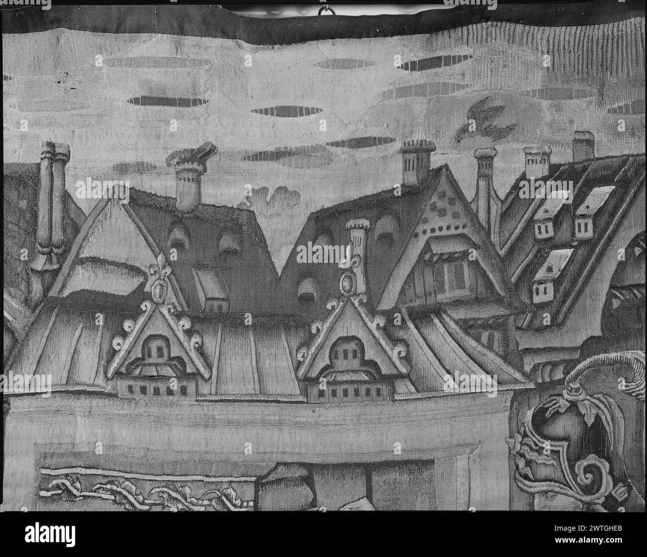 Storia della vendetta del nostro Lord2. Grenier, Pasquier (olandese (prima del 1600) - Fiandre, atto 1459-d.1493) (laboratorio, attr.) [tessitore] c. 1460-1470 arazzi dimensioni: H 12' x P 17'6' arazzi materiali/tecniche: Lana (ordito: 11/cm); lana e seta Cultura: Paesi Bassi meridionali storia di proprietà: French & Co. Acquistato da Raoul Heilbronner, fatturato 7/11/1927; venduto al Musée d'Histoire et d'Archéologie, Tournai 1/3/1964. Belgio, Hainaut, Tournai, Musée d'histoire et d'archéologie. Soldati romani a piedi che forzano il cancello, esercito composto da lancieri, arbalestri, soldato che entra in casa (centro, centro, centro Foto Stock
