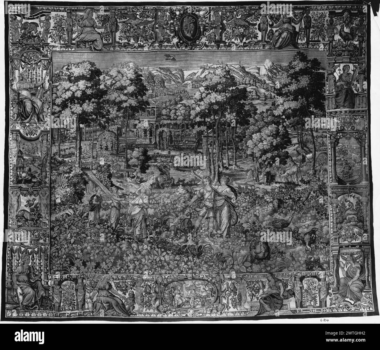 Parco giochi con figure classiche e giardino della villa oltre. Herzeele, Joost van (olandese (prima del 1600) - Fiandre, atto 1570-1585) (laboratorio, attr.) [tessitore] c. 1585 arazzi dimensioni: H 11'2' x W 13' arazzi materiali/tecniche: Lana (ondulata, ordito: 7/cm); lana e seta (tinta, trama) Cultura: Flemish Weaving Center: Bruxelles storia della proprietà: French & Co. Fine Arts Museum di San Francisco, lascito di Hélène Irwin Fagan, 1975. Stati Uniti, California, San Francisco, fine Arts Museums di San Francisco, accno. 1975.5,24. Iscrizioni: Contrassegno tessitore sulla protezione destra, in basso Foto Stock