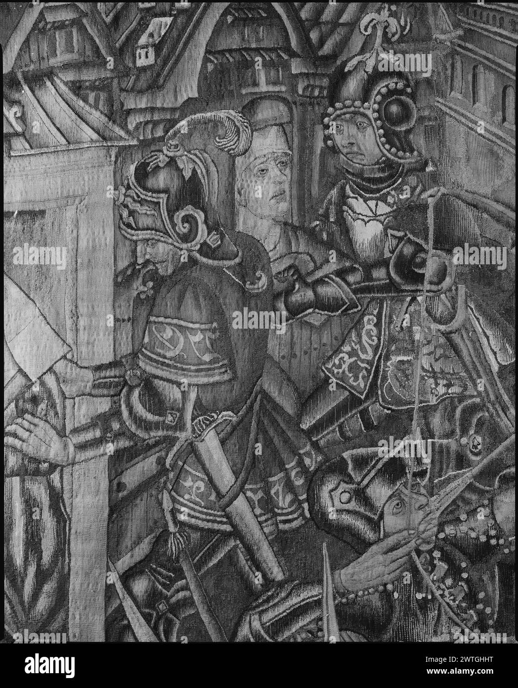 La storia della vendetta del nostro Lord3. Grenier, Pasquier (olandese (prima del 1600) - Fiandre, atto 1459-d.1493) (laboratorio, attr.) [tessitore] c. 1460-1470 arazzi dimensioni: H 12' x P 17'6' arazzi materiali/tecniche: Lana (ordito: 11/cm); lana e seta Cultura: Paesi Bassi meridionali storia di proprietà: French & Co. Acquistato da Raoul Heilbronner, fatturato 7/11/1927; venduto al Musée d'Histoire et d'Archéologie, Tournai 1/3/1964. Belgio, Hainaut, Tournai, Musée d'histoire et d'archéologie. Soldati romani a piedi che forzano il cancello, esercito composto da lancieri, arbalestri, soldato che entra in casa (centro, centro, centro Foto Stock