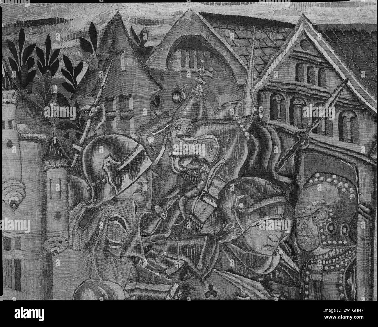 La storia della vendetta del nostro Lord5. Grenier, Pasquier (olandese (prima del 1600) - Fiandre, atto 1459-d.1493) (laboratorio, attr.) [tessitore] c. 1460-1470 arazzi dimensioni: H 12' x P 17'6' arazzi materiali/tecniche: Lana (ordito: 11/cm); lana e seta Cultura: Paesi Bassi meridionali storia di proprietà: French & Co. Acquistato da Raoul Heilbronner, fatturato 7/11/1927; venduto al Musée d'Histoire et d'Archéologie, Tournai 1/3/1964. Belgio, Hainaut, Tournai, Musée d'histoire et d'archéologie. Soldati romani a piedi che forzano il cancello, esercito composto da lancieri, arbalestri, soldato che entra in casa (centro, centro, centro Foto Stock