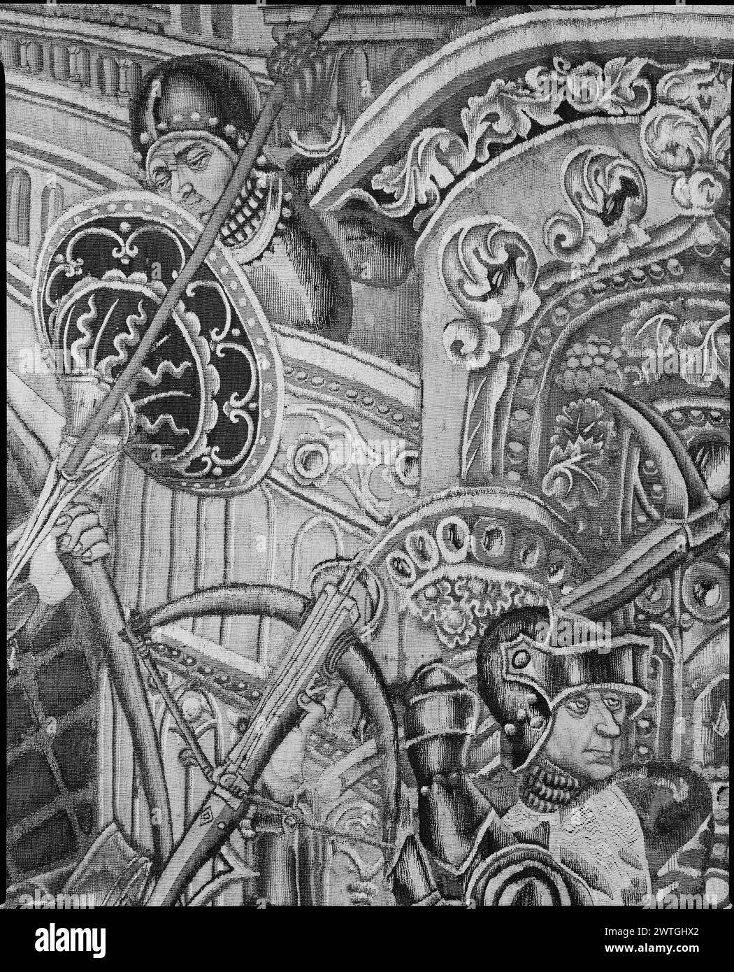 Storia della vendetta del nostro Lord4. Grenier, Pasquier (olandese (prima del 1600) - Fiandre, atto 1459-d.1493) (laboratorio, attr.) [tessitore] c. 1460-1470 arazzi dimensioni: H 12' x P 17'6' arazzi materiali/tecniche: Lana (ordito: 11/cm); lana e seta Cultura: Paesi Bassi meridionali storia di proprietà: French & Co. Acquistato da Raoul Heilbronner, fatturato 7/11/1927; venduto al Musée d'Histoire et d'Archéologie, Tournai 1/3/1964. Belgio, Hainaut, Tournai, Musée d'histoire et d'archéologie. Soldati romani a piedi che forzano il cancello, esercito composto da lancieri, arbalestri, soldato che entra in casa (centro, centro, centro Foto Stock