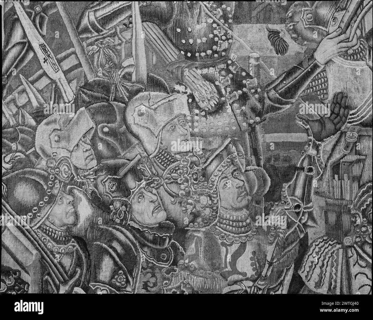 La storia della vendetta del nostro Lord7. Grenier, Pasquier (olandese (prima del 1600) - Fiandre, atto 1459-d.1493) (laboratorio, attr.) [tessitore] c. 1460-1470 arazzi dimensioni: H 12' x P 17'6' arazzi materiali/tecniche: Lana (ordito: 11/cm); lana e seta Cultura: Paesi Bassi meridionali storia di proprietà: French & Co. Acquistato da Raoul Heilbronner, fatturato 7/11/1927; venduto al Musée d'Histoire et d'Archéologie, Tournai 1/3/1964. Belgio, Hainaut, Tournai, Musée d'histoire et d'archéologie. Soldati romani a piedi che forzano il cancello, esercito composto da lancieri, arbalestri, soldato che entra in casa (centro, centro, centro Foto Stock