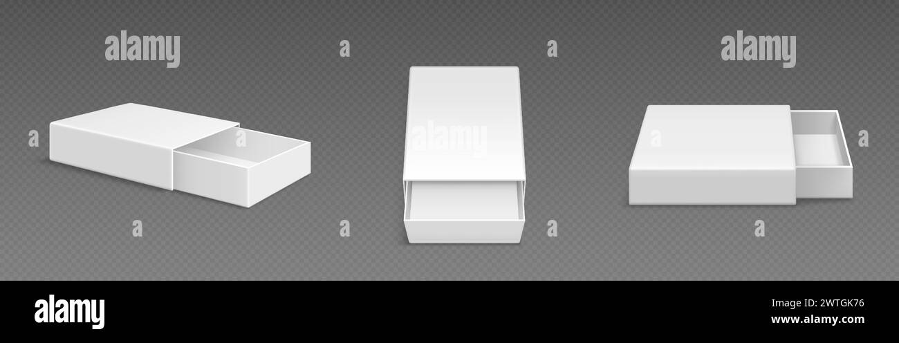 Mockup scatola portavetrini aperta bianca. Illustrazione vettoriale realistica serie di angoli di visualizzazione diversi su matchbox rettangolare vuoto o confezione regalo di modello a cassetto. Confezione di cartone per vetrini con manicotto. Illustrazione Vettoriale