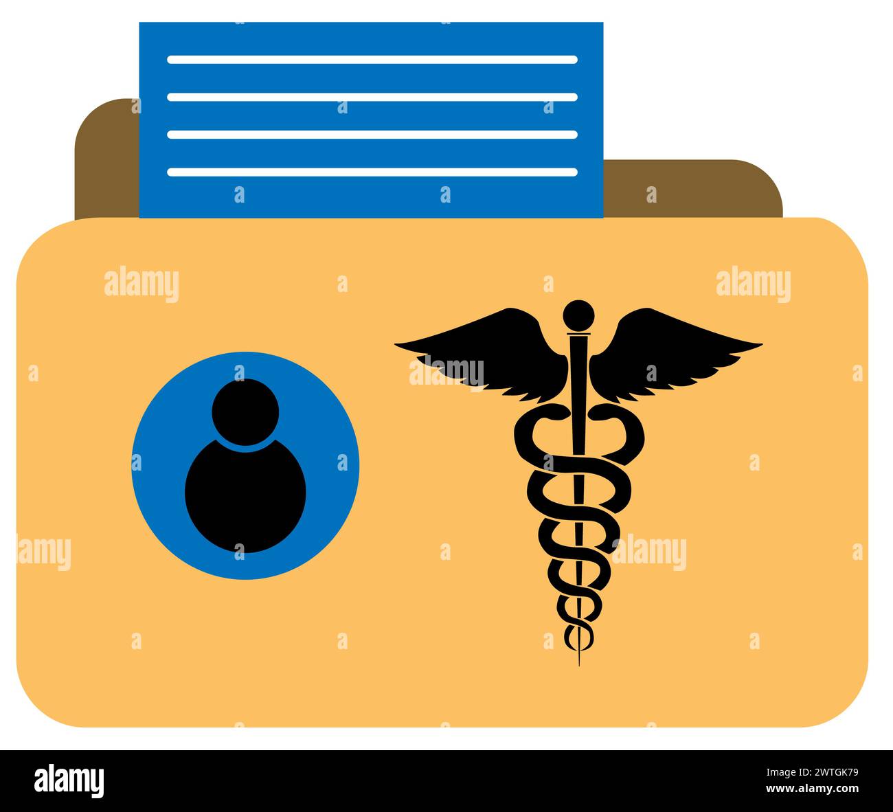 Icona delle cartelle cliniche. Caduceus e firma personale di immagini di registrazione della salute. Cartella medica con il simbolo del file di anamnesi del paziente. Logo rapporto medico.Flat sty Foto Stock