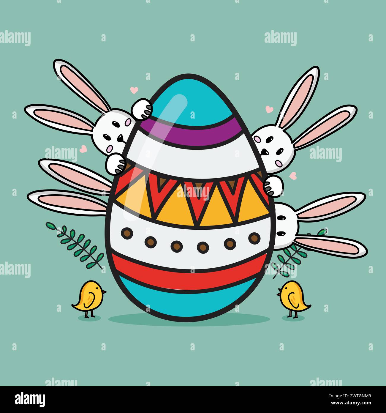 Buona pasqua con coniglietti e uovo di pasqua in stile doodle. Biglietto d'auguri Illustrazione Vettoriale