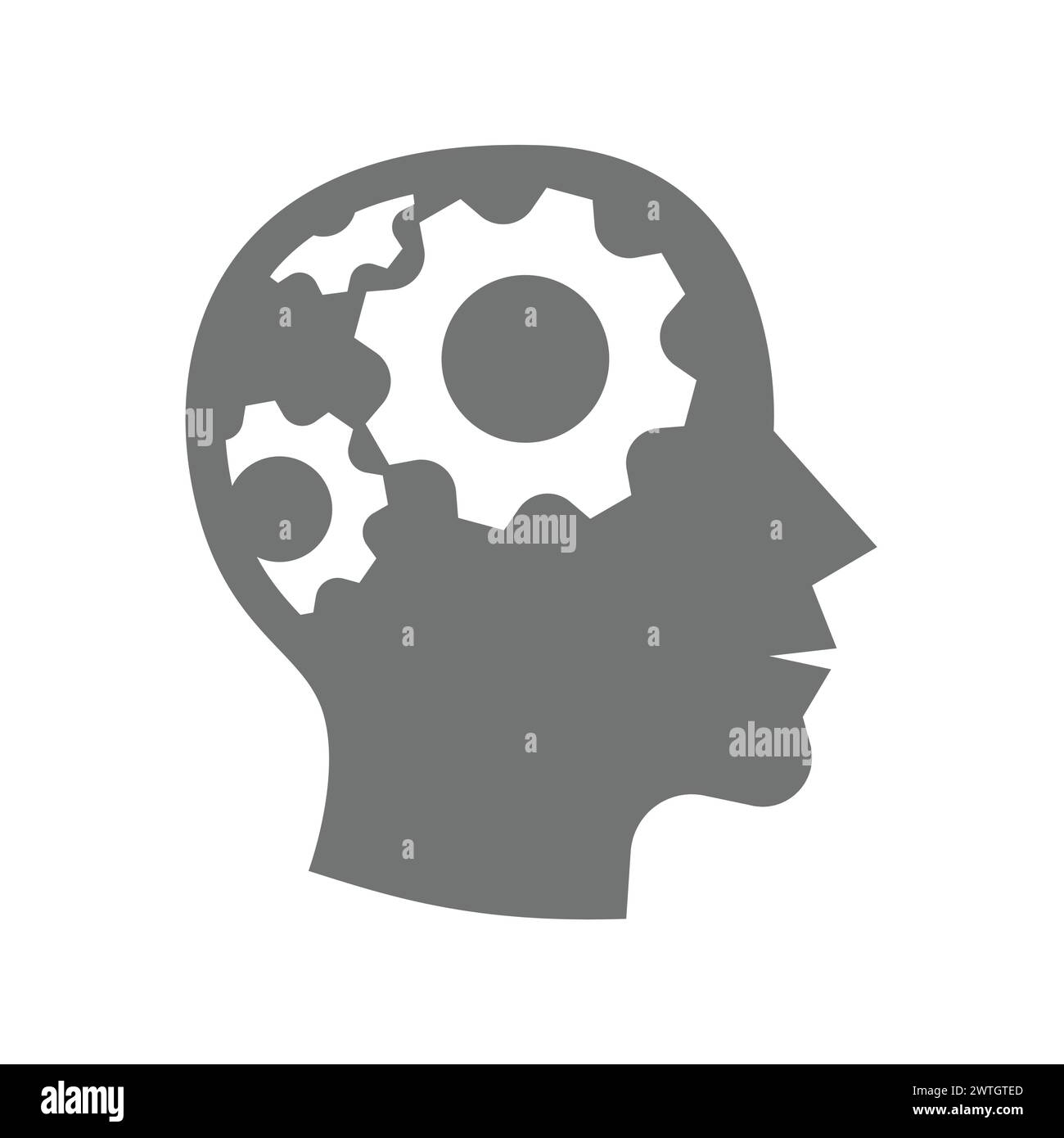 Pensiero, creatività cervello e vettore mentale. Profilo testa e ingranaggio, icona brainstorming. Illustrazione Vettoriale