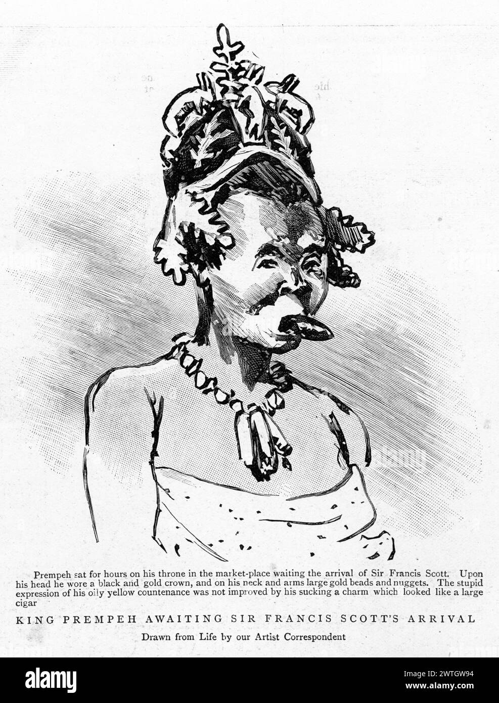 Un ritratto poco lusinghiero e una didascalia di Prempeh i (Otumfuo Nana Prempeh i; 1870 – 1931) il tredicesimo re sovrano dell'Impero Ashanti e della dinastia Oyoko Abohyen in Ghana. Re Prempeh i governò dal 26 marzo 1888 fino alla sua morte nel 1931, e combatté una guerra Ashanti contro la Gran Bretagna nel 1893., pubblicato intorno al 1896 Foto Stock