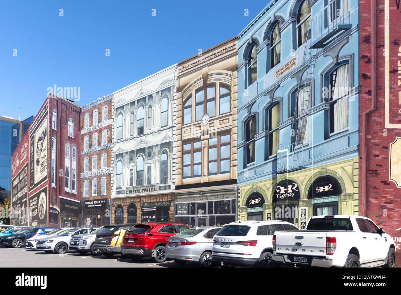 Riverside Market Mural, Lichfield Street, Christchurch Central, Christchurch (Ōtautahi), Canterbury, nuova Zelanda Foto Stock