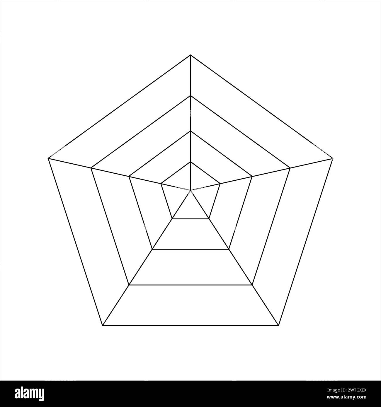 Diagramma del Pentagono diviso su segmenti uguali. Grafico statistico o analitico, radar o grafico a ragno, ruota della vita o modello di monitoraggio delle abitudini isolato su Illustrazione Vettoriale