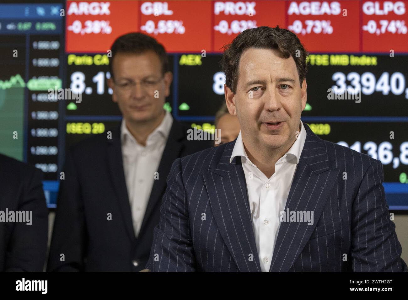 Bruxelles Belgio. 18 marzo 2024. Jan Boone CEO di Lotus Bakeries tiene un discorso alla cerimonia di campana della Borsa Euronext di Bruxelles lunedi 18 marzo 2024. Oggi segna la prima quotazione