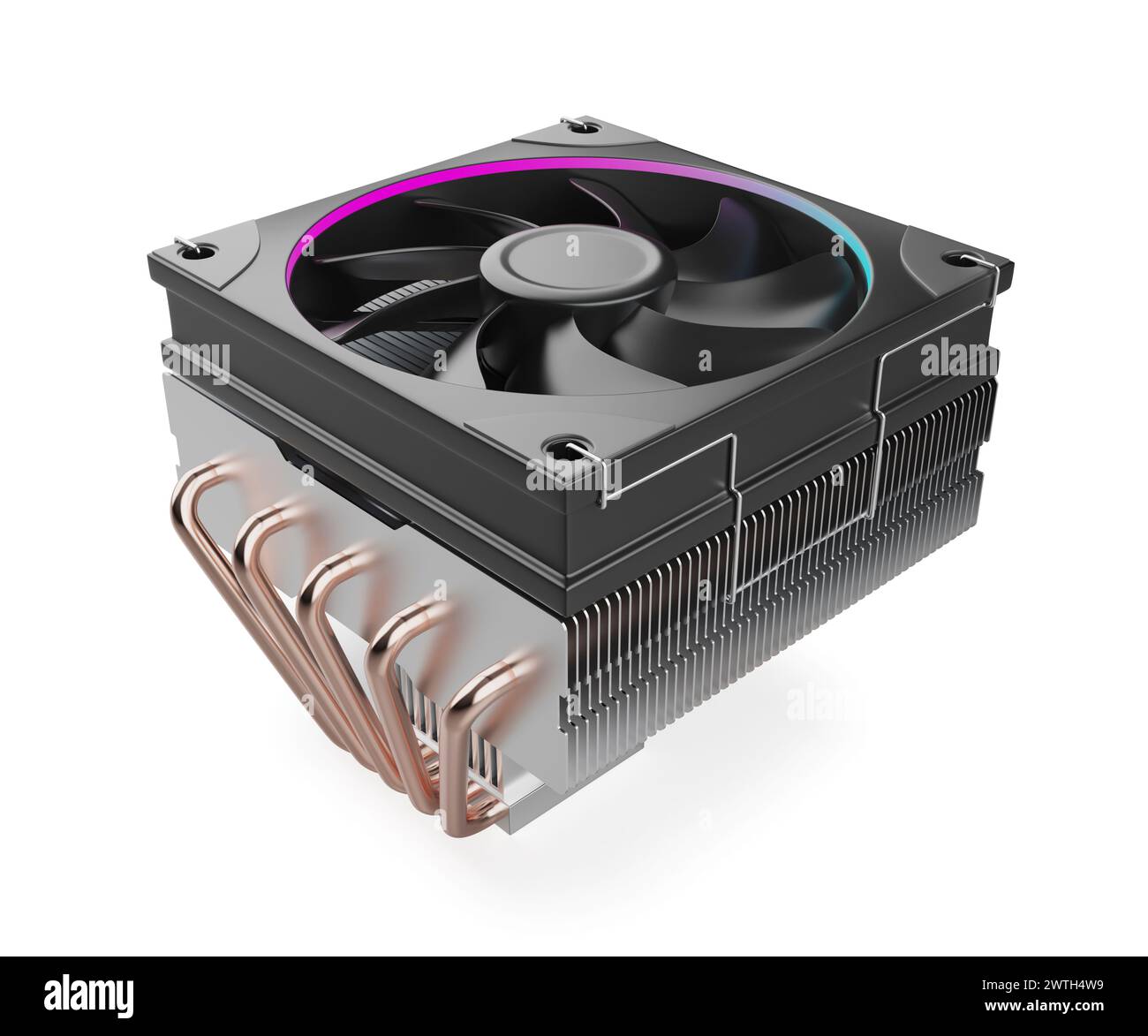 Refrigeratore del processore per computer a basso profilo con cinque tubi di calore in rame su sfondo bianco Foto Stock