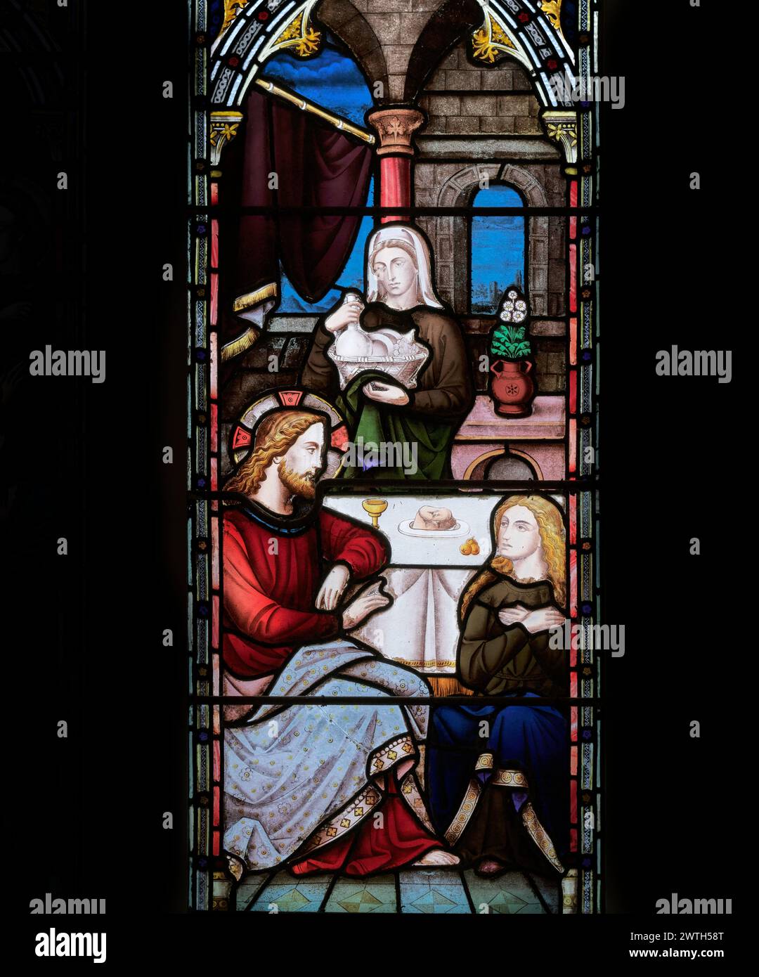 Maria la madre di Gesù alla festa nuziale a Cana, illustrazione nella chiesa di Santa Maria maggiore, la chiesa universitaria a Cambridge, in Inghilterra. Foto Stock