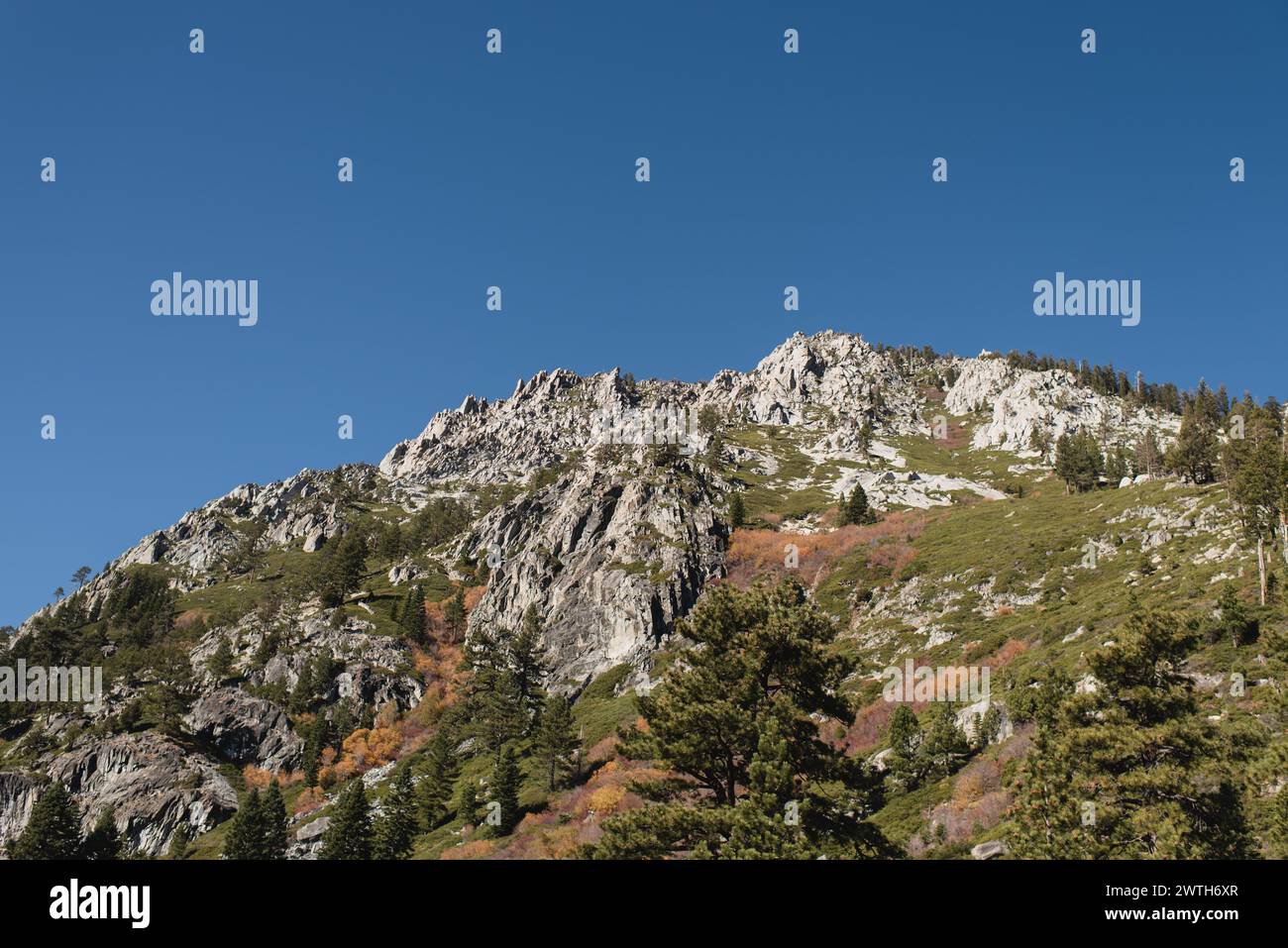Cima della montagna vicino al lago Tahoe, con aspre scogliere e pini Foto Stock