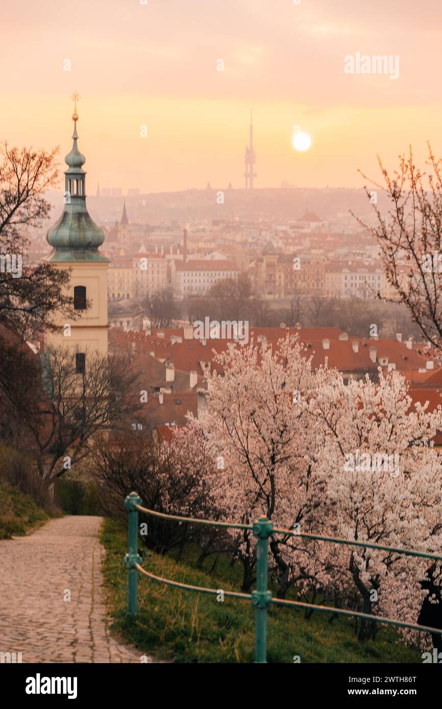 Vista panoramica di Praga all'alba attraverso i giardini fioriti Foto Stock