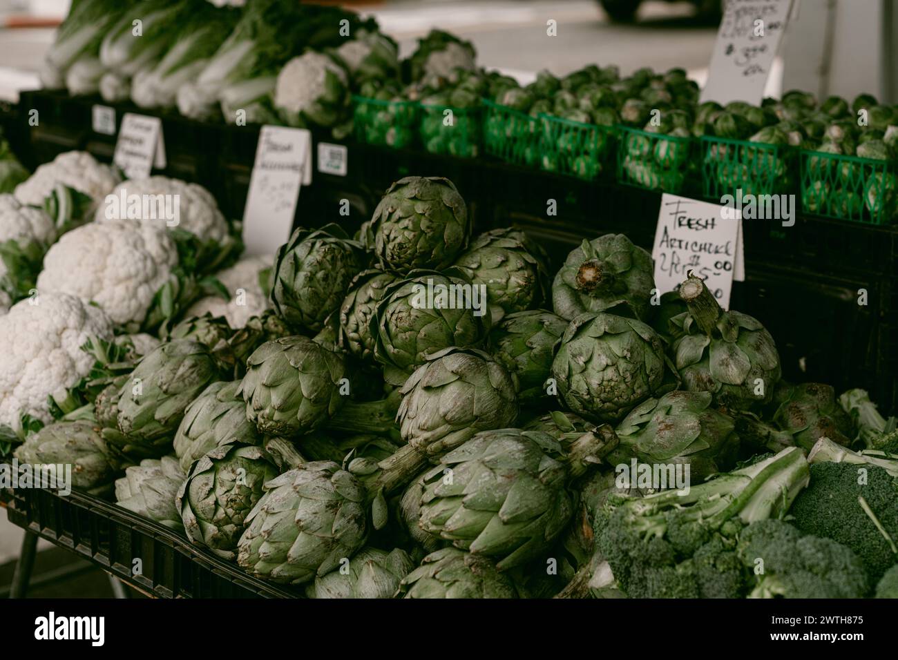 Carciofi freschi in vendita al mercato agricolo Foto Stock