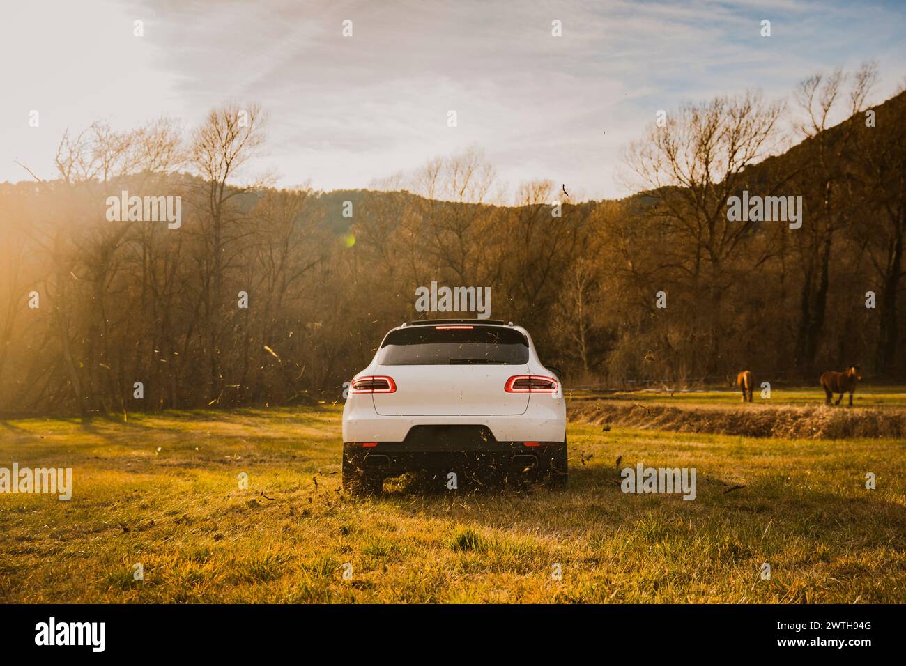 Elegante White Car alla deriva su terreni montuosi Foto Stock