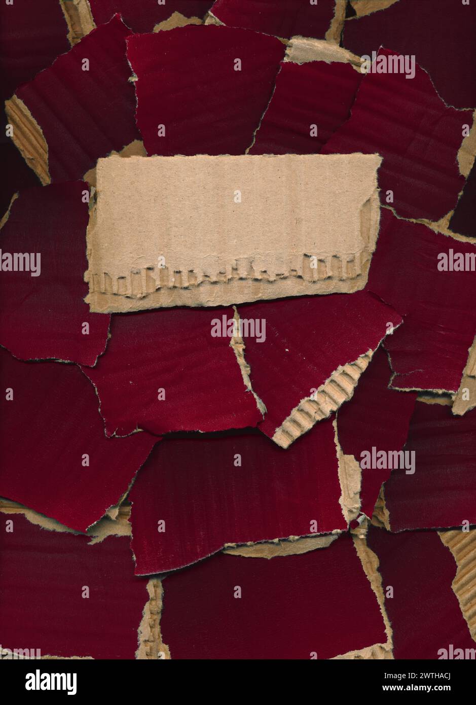Copertina, poster da pezzi di cartone strappato. Luogo per titolo, descrizione. Sfondo in cartone rosso e marrone, striscione. Concetto di riciclaggio. Frammenti ruvidi Foto Stock