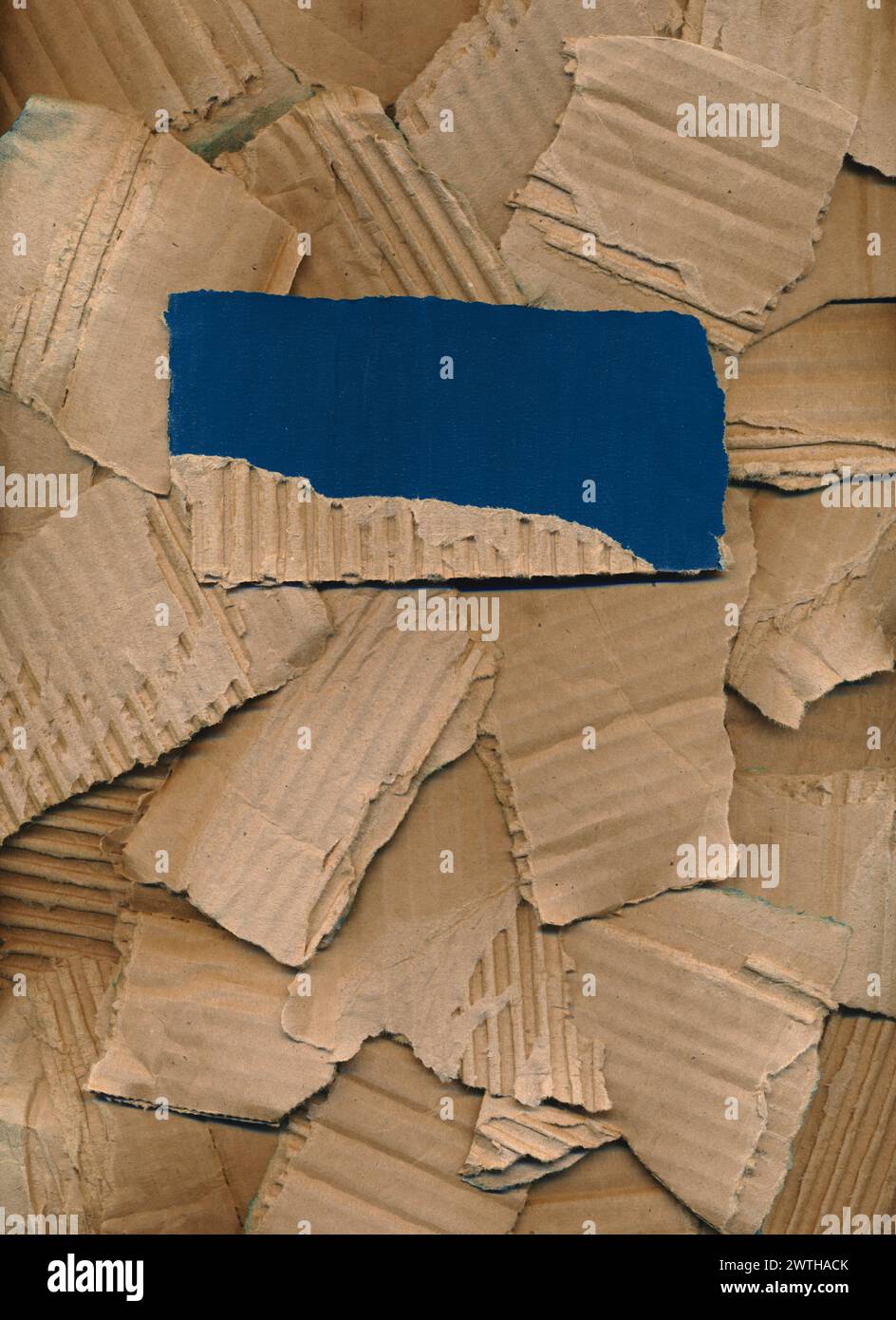 Copertina, poster da pezzi di cartone strappato. Luogo per titolo, descrizione. Sfondo in cartone blu marrone, striscione. Concetto di riciclaggio. Pezzi ruvidi Foto Stock