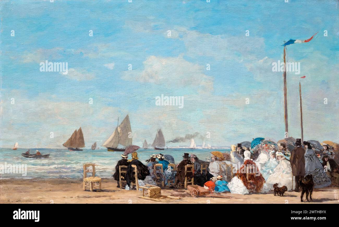 Eugène Boudin, scena di spiaggia a Trouville, pittura ad olio su legno, 1863 Foto Stock