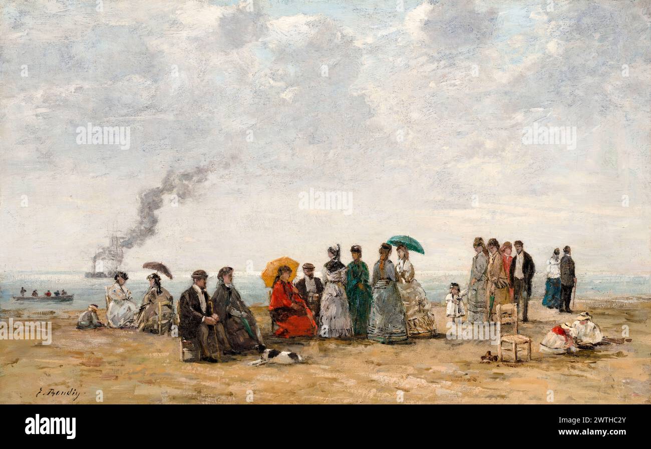 Eugène Boudin pittura, figure sulla spiaggia, olio su tela, 1867-1870 Foto Stock