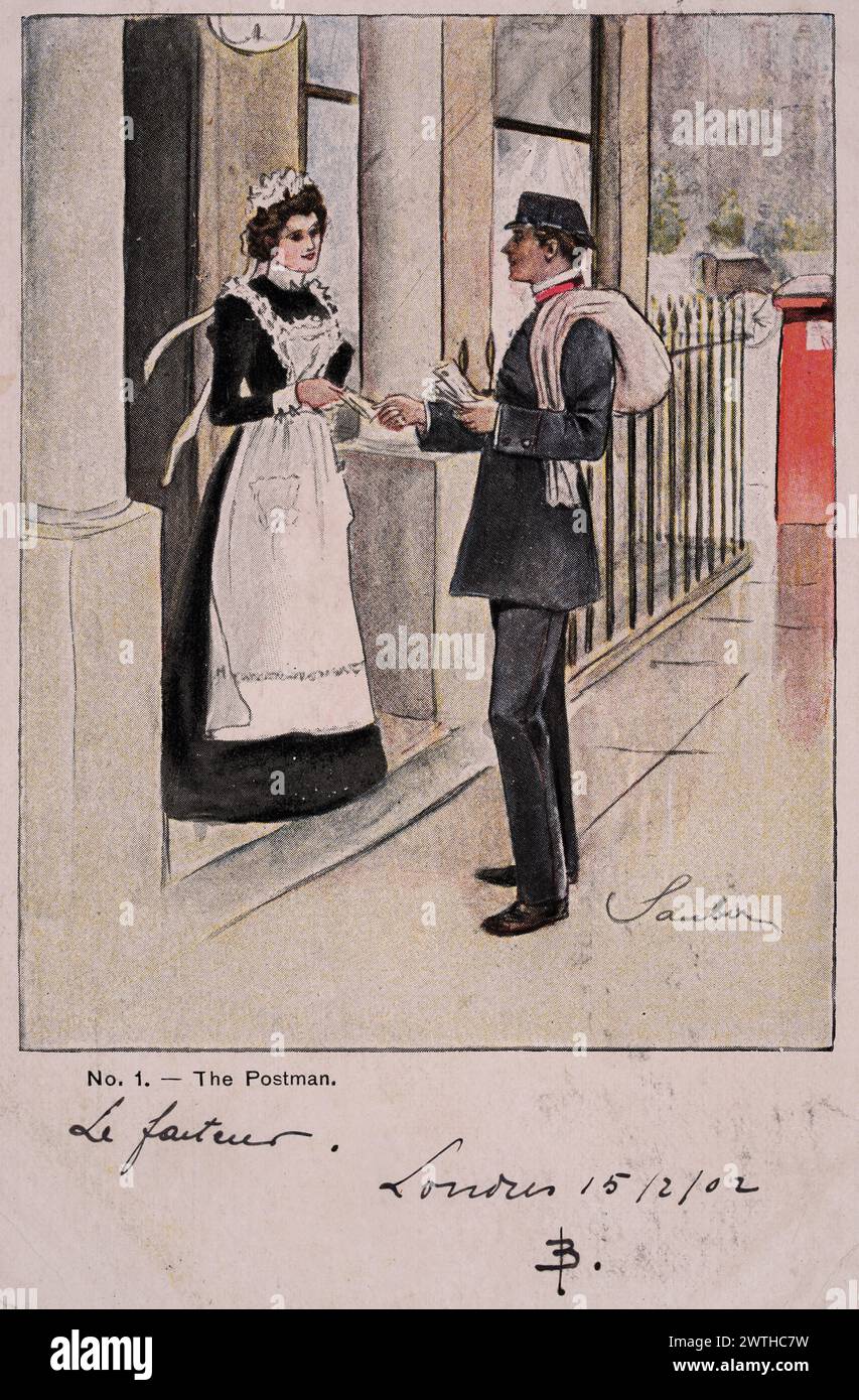 Cartolina britannica edoardiana, postino Rooyal che consegna la lettera alla cameriera, figure familiari di Londra, Robert Sauber, anni '1900 Foto Stock