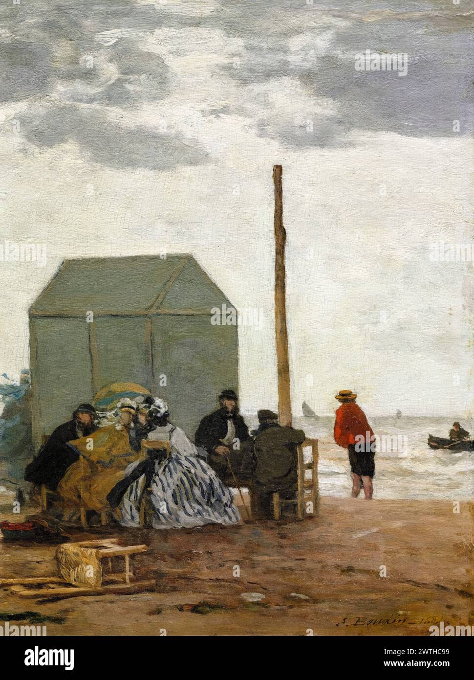 Eugène Boudin, la spiaggia di Deauville, pittura a olio su tavola, 1864 Foto Stock