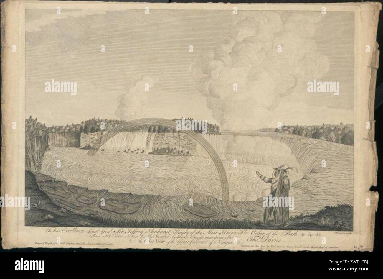 Una vista orientale della grande Cataratta del Niagara Ignace Fougeron (Londra, Inghilterra, attivo dal 1750 al 1768) Thomas Davies era un ufficiale dell'esercito e, come altri ufficiali di artiglieria del suo periodo, studiò il disegno topografico che era l'unico mezzo al momento di fare una rapida e accurata documentazione visiva di valore militare. Davies fu inviato in Canada e in America e nel 1759 fu promosso primo tenente e si unì alla spedizione di Amherst sul lago Champlain. Negli anni successivi fu impiegato nel sorvegliare il San Lorenzo e anche la riva meridionale del lago Ontario fino al Ni Foto Stock