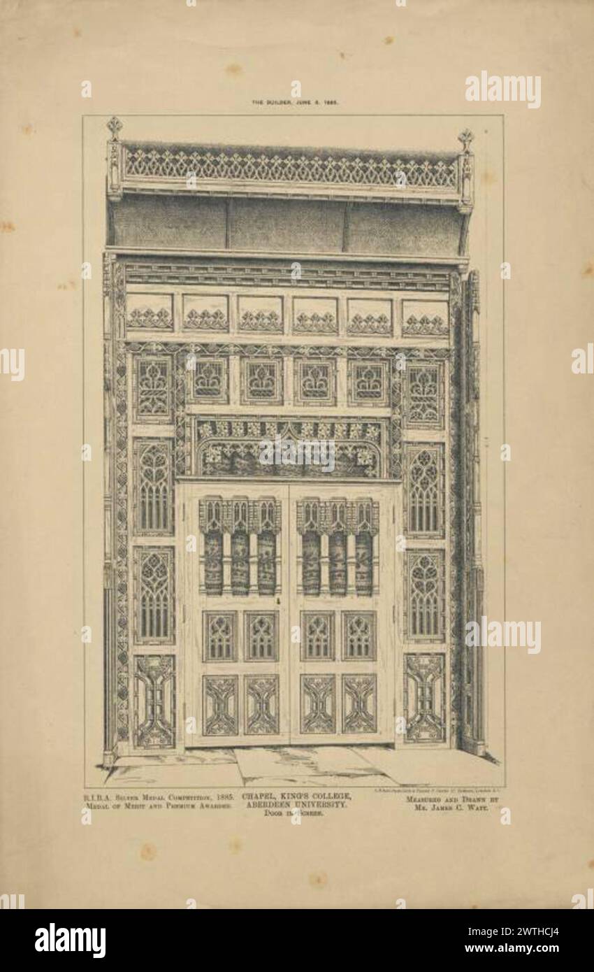 Piani delle caratteristiche architettoniche locali - 1. Chapel, King's College, Aberdeen University porta sullo schermo di "The Builder" il 6 giugno. 1885 James Cromar Watt (Aberdeen, Scozia, 1862 - 1940) 1885 Cattedrale Foto Stock