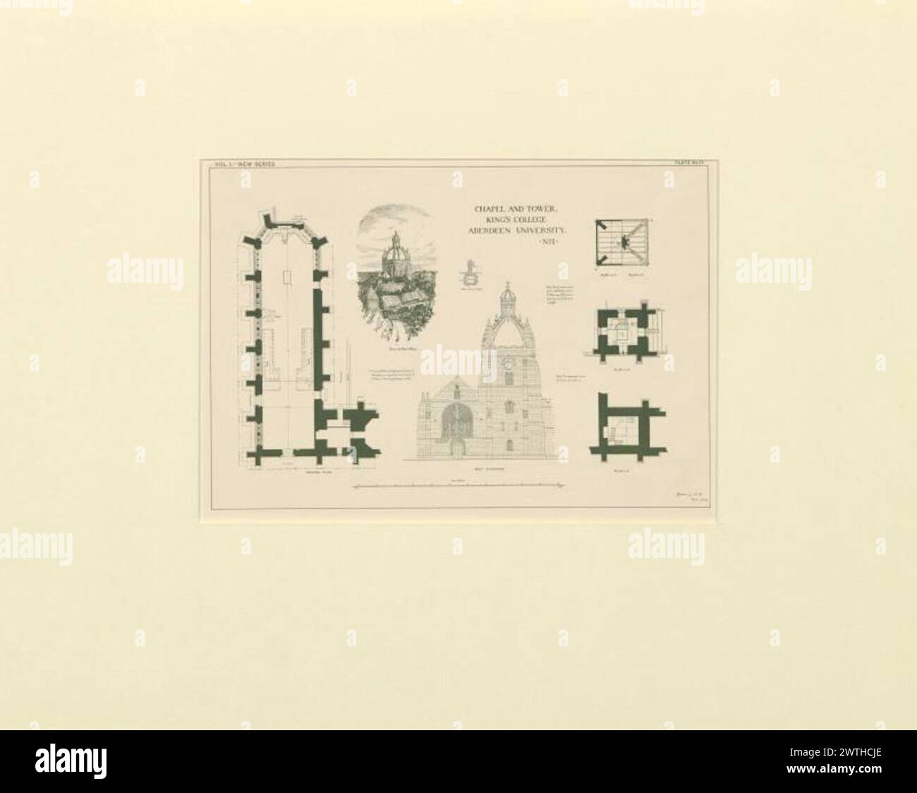 Plans of Local Architectural Features - Cappella e torre, King's College, Aberdeen University, no 1 vol. 1 piatto IV James Cromar Watt (Aberdeen, Scozia, 1862 - 1940) 1885 Cattedrale Foto Stock