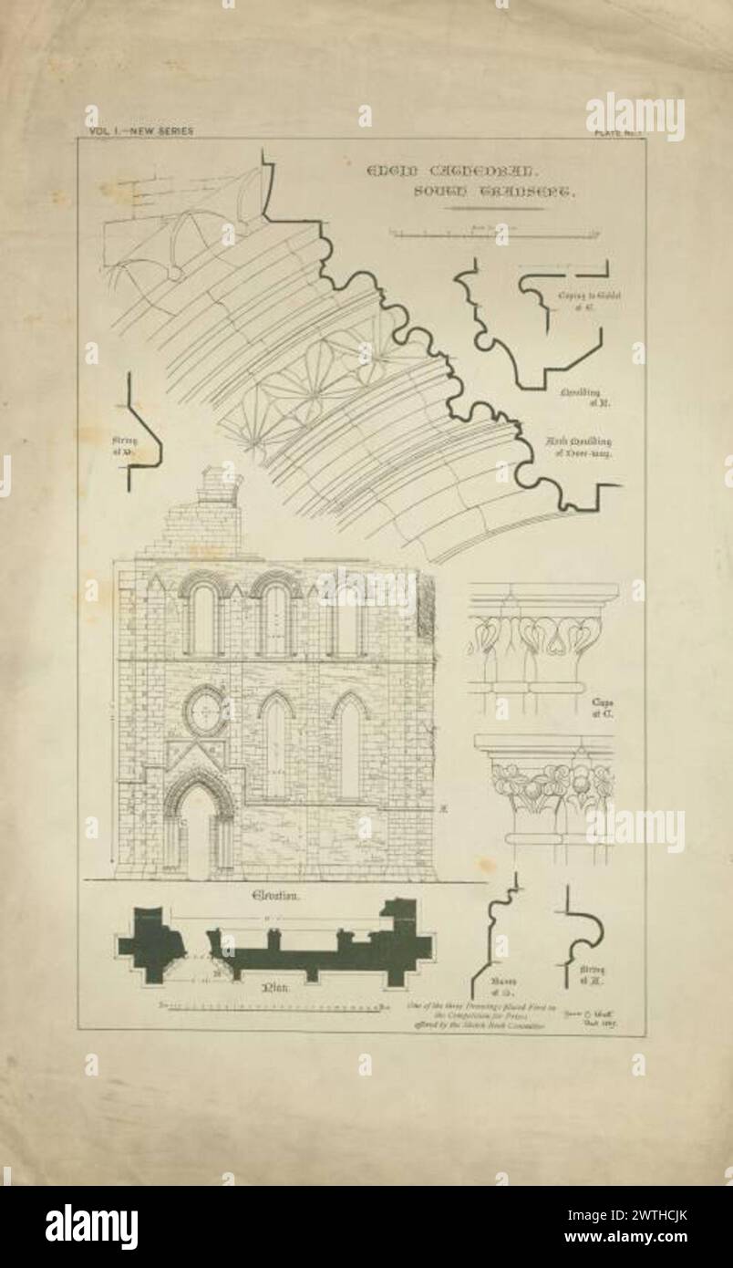 Planimetrie di caratteristiche architettoniche locali - Elgin Cathedral transetto sud vol. 1 piatto 1. James Cromar Watt (Aberdeen, Scozia, 1862 - 1940) 1885 Cattedrale Foto Stock