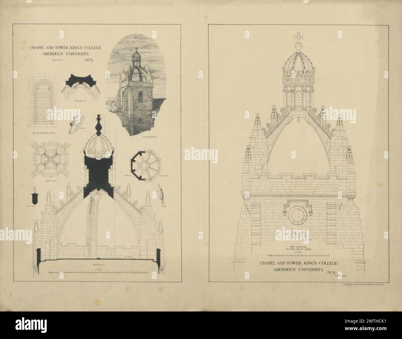 Plans of Local Architectural features - Cappella e torre, King's College, Aberdeen University no 3 e no 4 James Cromar Watt (Aberdeen, Scozia, 1862 - 1940) 1885 Cattedrale Foto Stock
