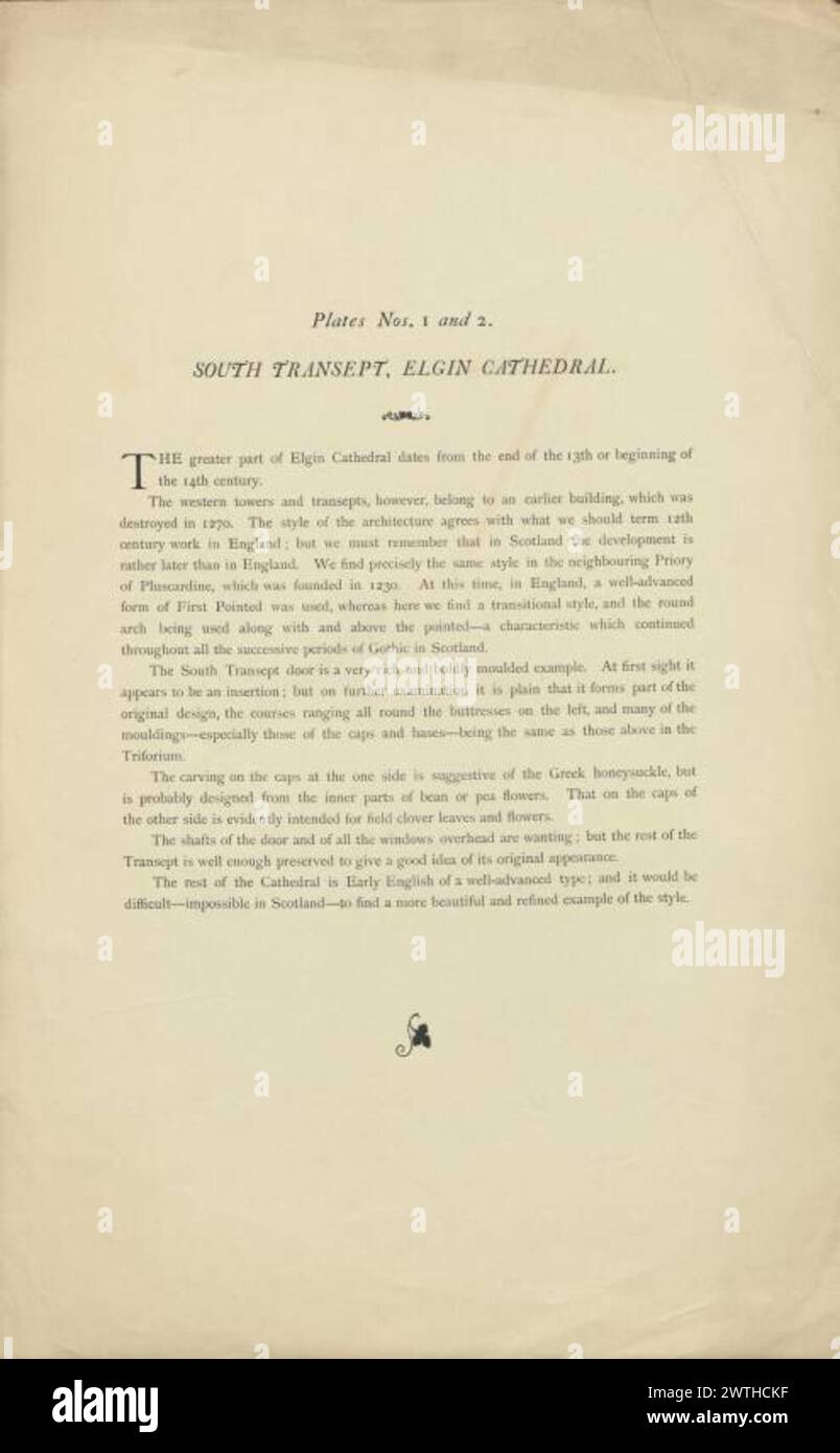 Planimetrie architettoniche locali - transetto sud, cattedrale di Elgin (pagina stampata), lastre n. 1 e 2. James Cromar Watt (Aberdeen, Scozia, 1862 - 1940) 1885 Cattedrale Foto Stock