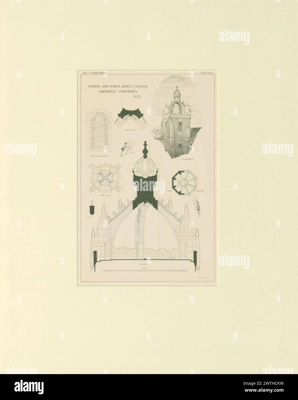 Piani delle caratteristiche architettoniche locali - 1. Cappella e Torre, King's College Aberdeen University firmato in basso a destra James C Watt dicembre 1885. Vol. 1 piatto vi James Cromar Watt (Aberdeen, Scozia, 1862 - 1940) 1885 Cattedrale Foto Stock