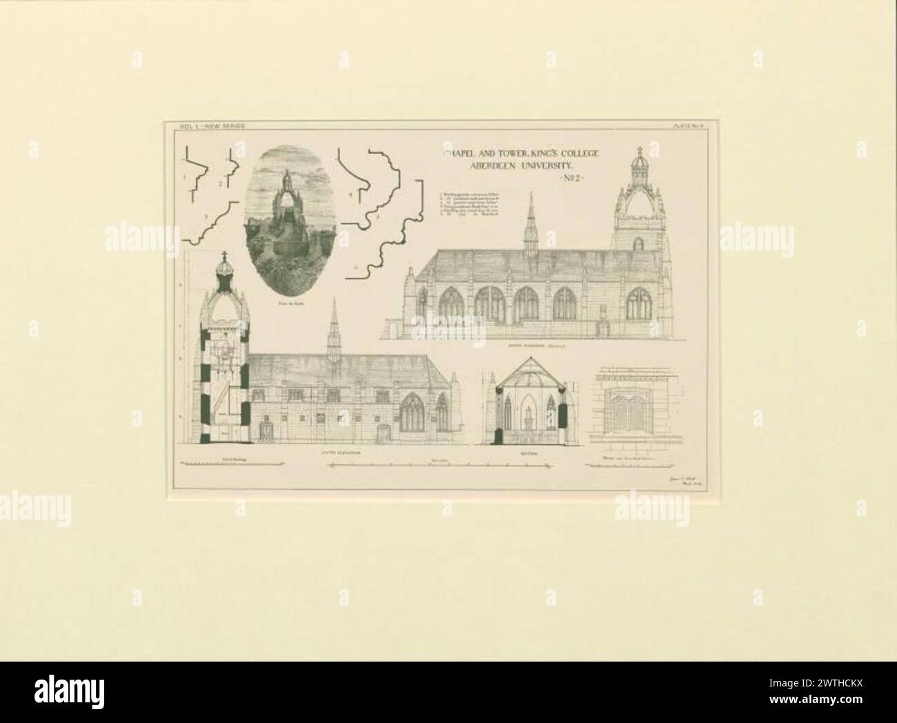 Plans of Local Architectural Features - Cappella e torre, King's College, Aberdeen University no 2 James Cromar Watt (Aberdeen, Scozia, 1862 - 1940) 1885 Cattedrale Foto Stock