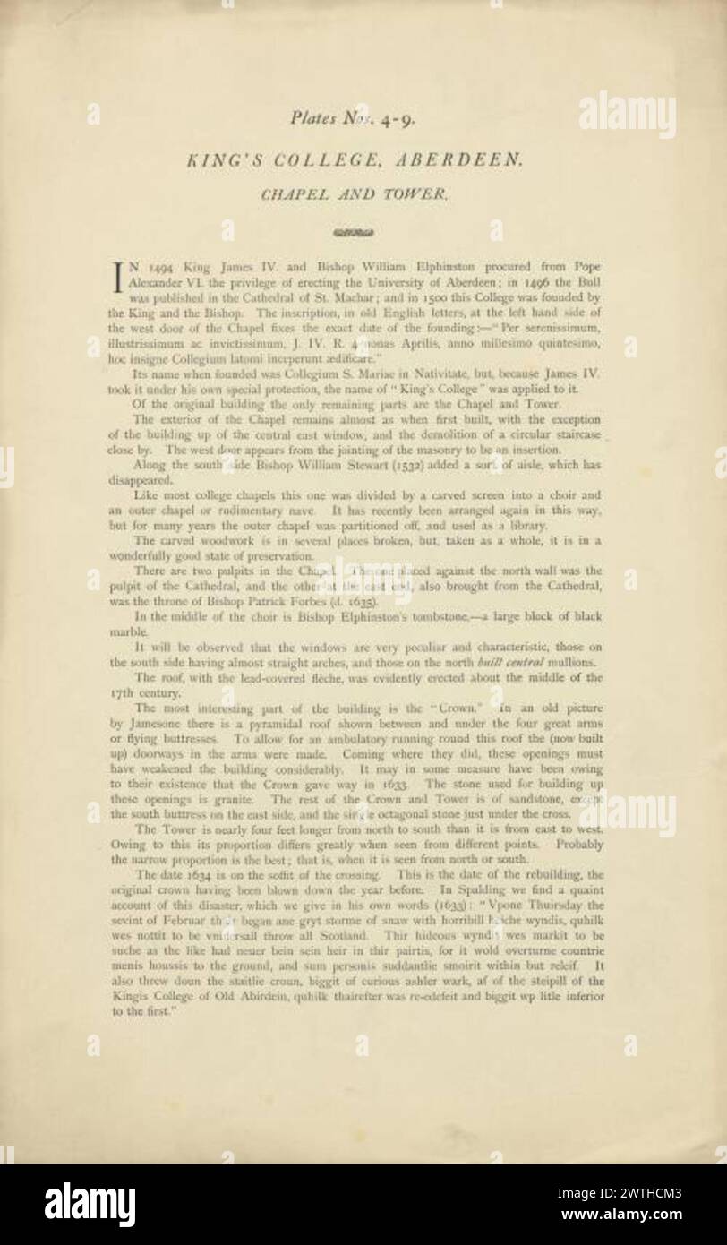 Piani di caratteristiche architettoniche locali - King's College, Aberdeen cappella e torre (pagina stampata) lastre n. 4 - 9. James Cromar Watt (Aberdeen, Scozia, 1862 - 1940) 1885 Cattedrale Foto Stock