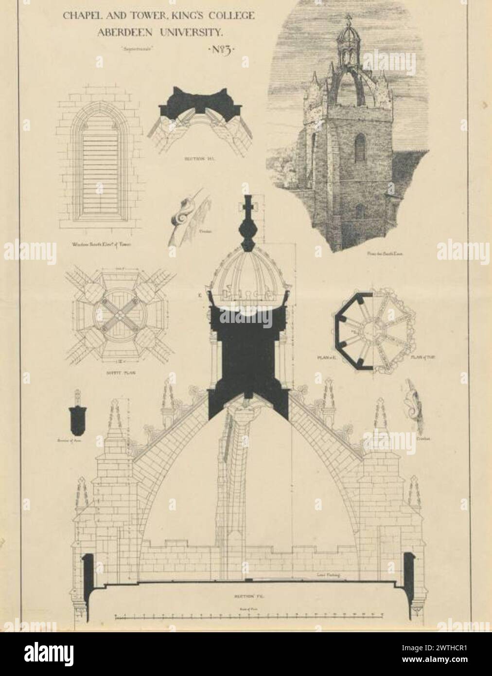Plans of Local Architectural Features - Chapel and Tower, King's College, Aberdeen University No. 3 (pagina stampata) James Cromar Watt (Aberdeen, Scozia, 1862 - 1940) 1885 Chapel Foto Stock