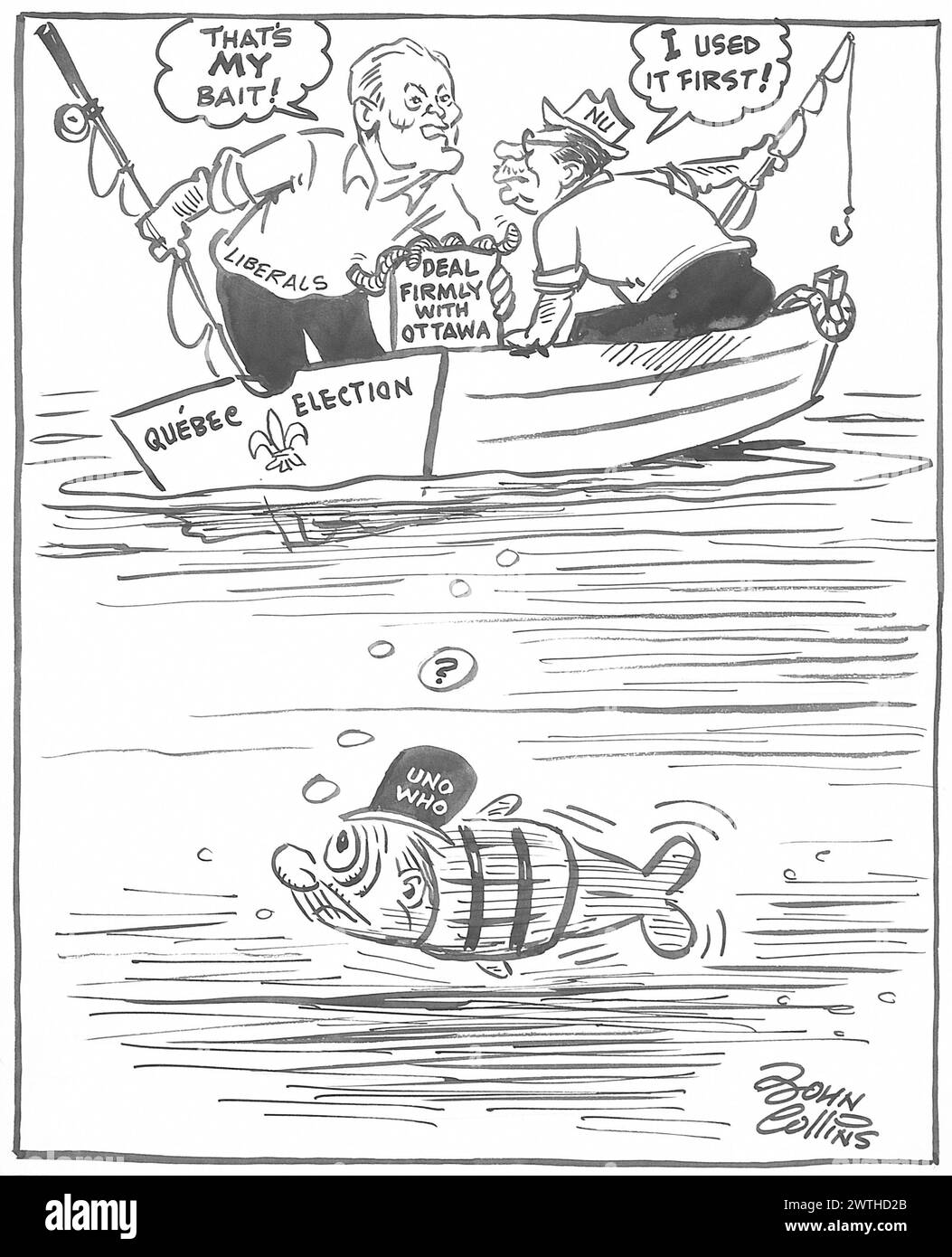 Cartoon - apertura della stagione politica della pesca. John Collins (1917-2007) Foto Stock