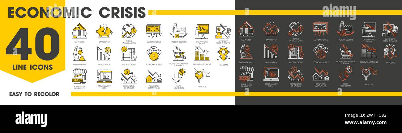 Le icone della crisi economica e della perdita di denaro, la flessione e la bancarotta delineano i simboli del vettore. Chiusura dello stabilimento, riduzione del traffico merci o analisi. Disoccupazione, ammortamento e riduzione degli investimenti Illustrazione Vettoriale