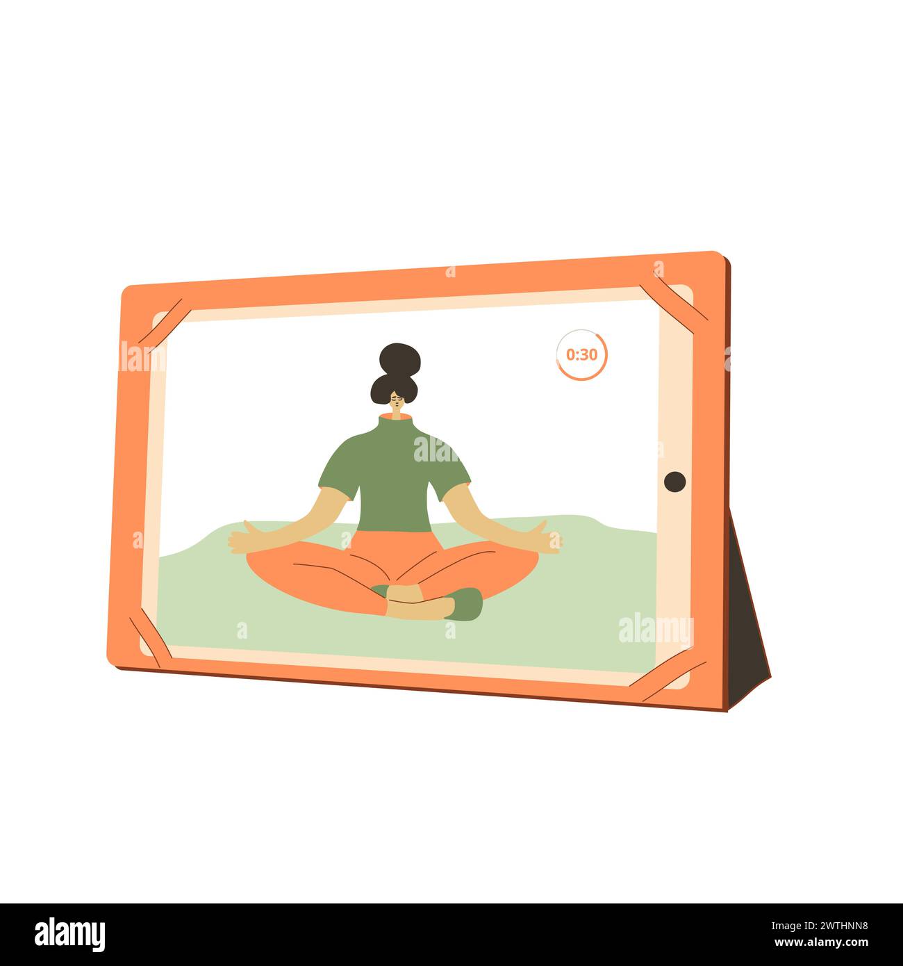 Tablet online per lezioni di yoga. Applicazione di allenamento a casa per il fitness isolata su sfondo bianco. Formazione online. Illustrazione piatta vettoriale. Illustrazione Vettoriale