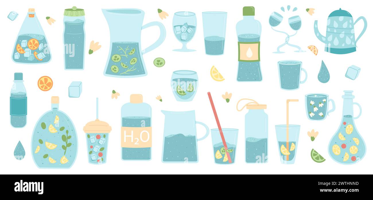 Acqua e bibite analcoliche in diversi contenitori isolati su sfondo bianco. Bevande fresche e pulite con frizzante e immobile. Rimanere idratati. VEC Illustrazione Vettoriale