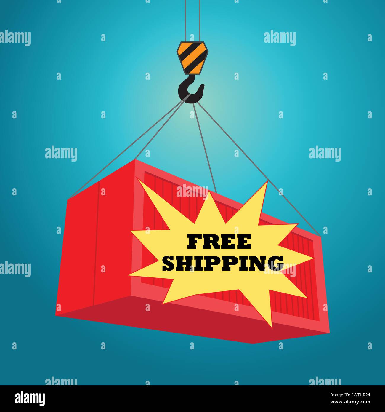 Container cargo rosso appeso su un gancio gru con il testo spedizione gratuita scritto su una stella del boom, testo comico bolla pop art Illustrazione Vettoriale