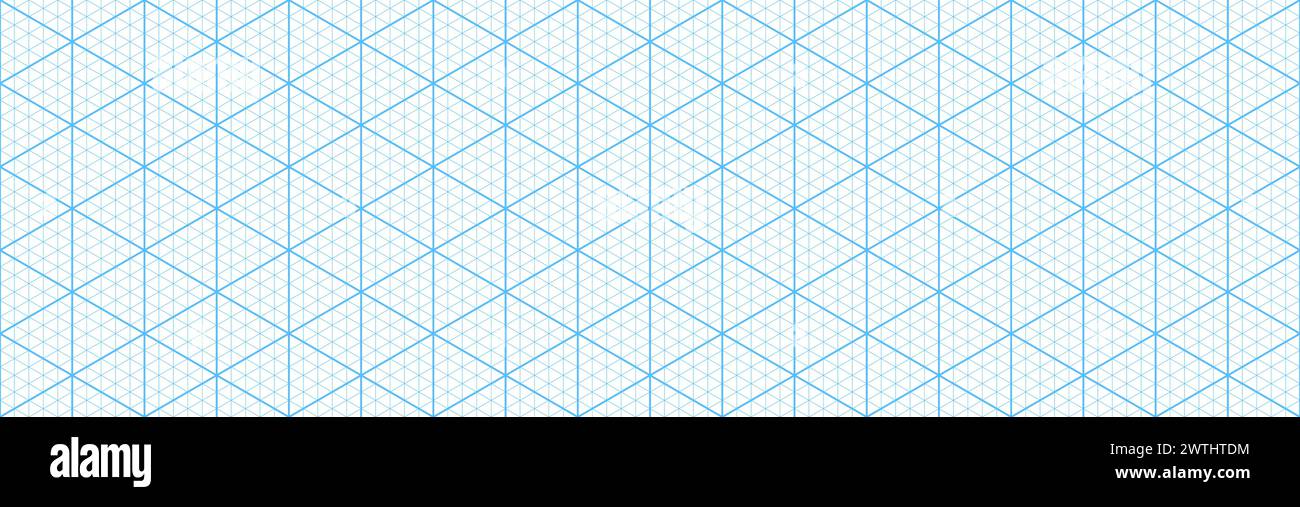 Griglia isometrica triangolare blu, sfondo a rete di carta. Guida continua per il disegno e lo schizzo di layout tecnici o meccanici. Progetto per progetti di architettura e design Illustrazione Vettoriale