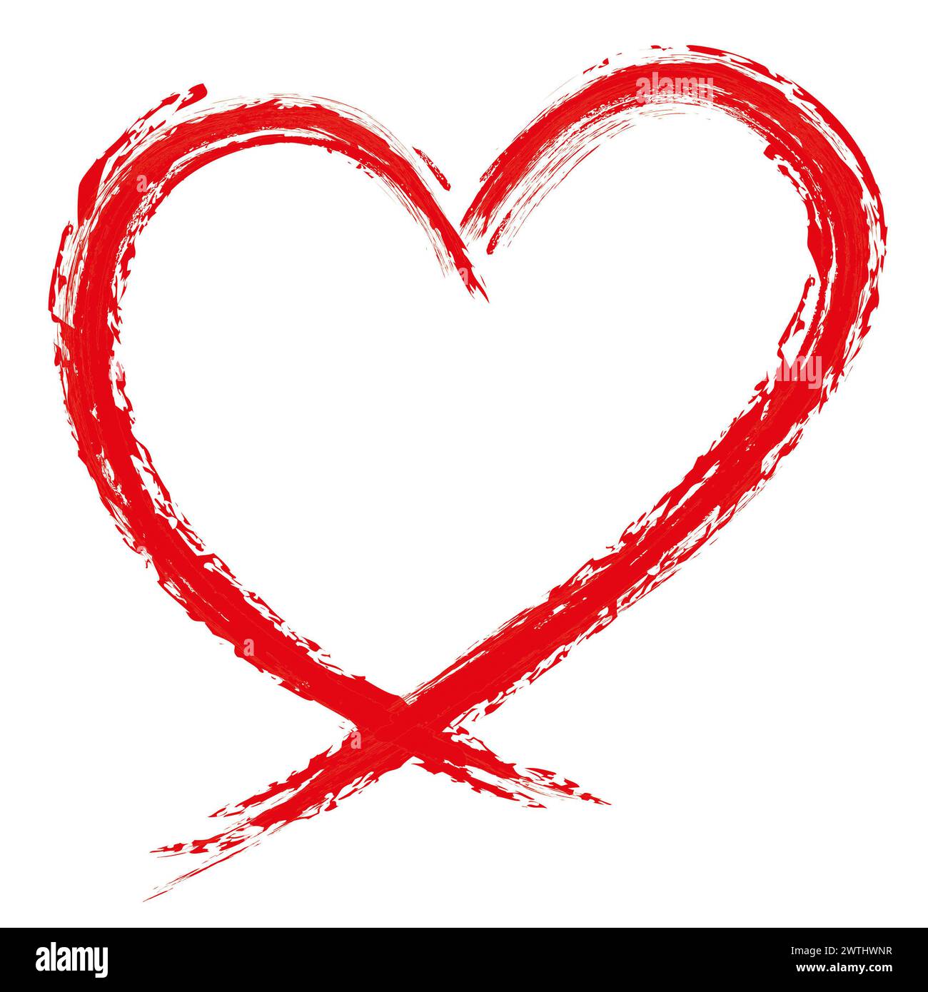 Cuore d'amore rosso grunge fatto di colpi ruvidi isolato su sfondo bianco per San Valentino, matrimonio o altro scopo. Disegno a mano. Foto Stock