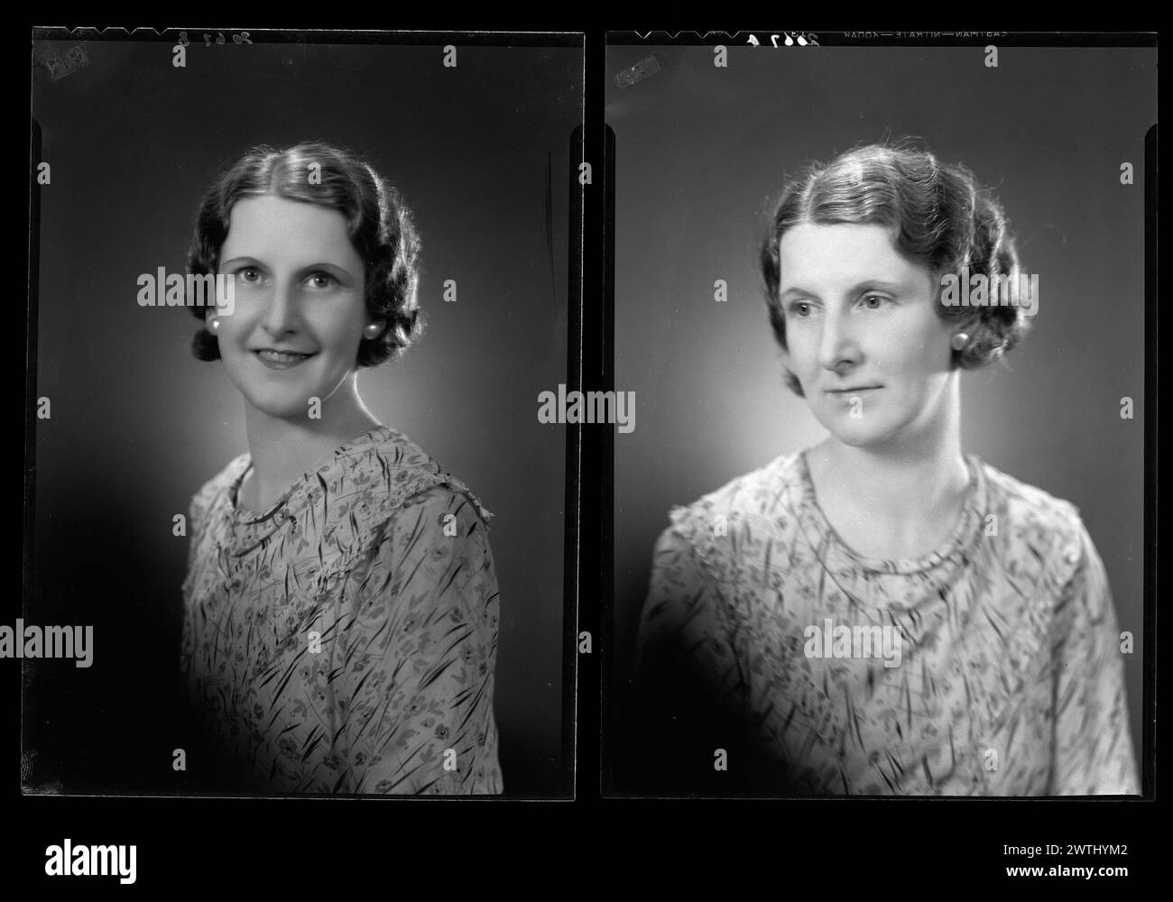 Donna; incisi "Miss e Leslie" negativi nitrati, negativi argento gelatina, negativi in bianco e nero, ritratti in studio Foto Stock