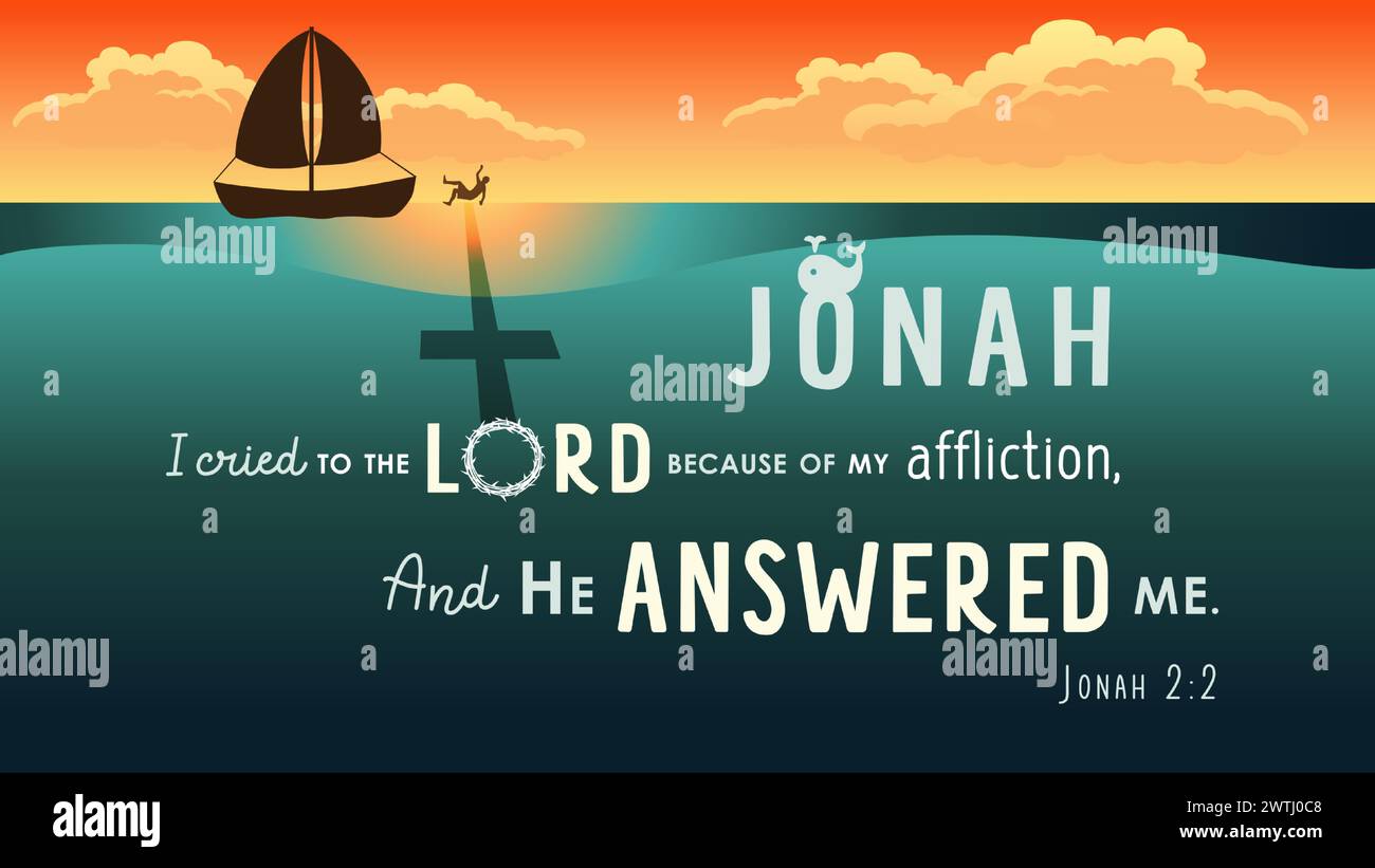 Giona: Ho pianto al Signore per la mia afflizione e lui mi ha risposto, stendardo biblico. Jonah story quote, illustrazione vettoriale della scuola domenicale Illustrazione Vettoriale
