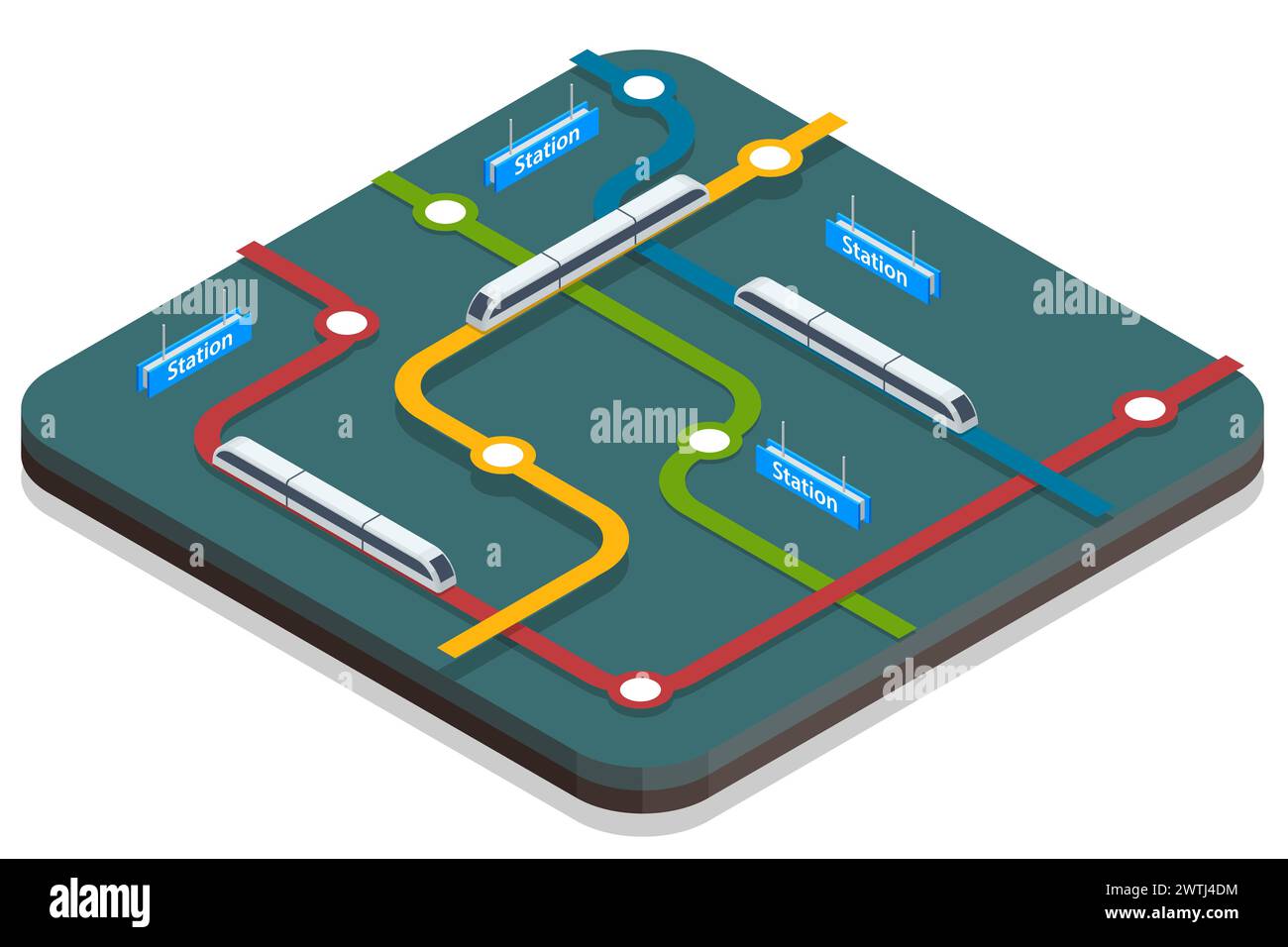 Diagramma astratto isometrico della metropolitana, mappa della metropolitana o della metropolitana. Via sotterranea. Stazione della metropolitana. Veicoli progettati per trasportare un gran numero di Illustrazione Vettoriale