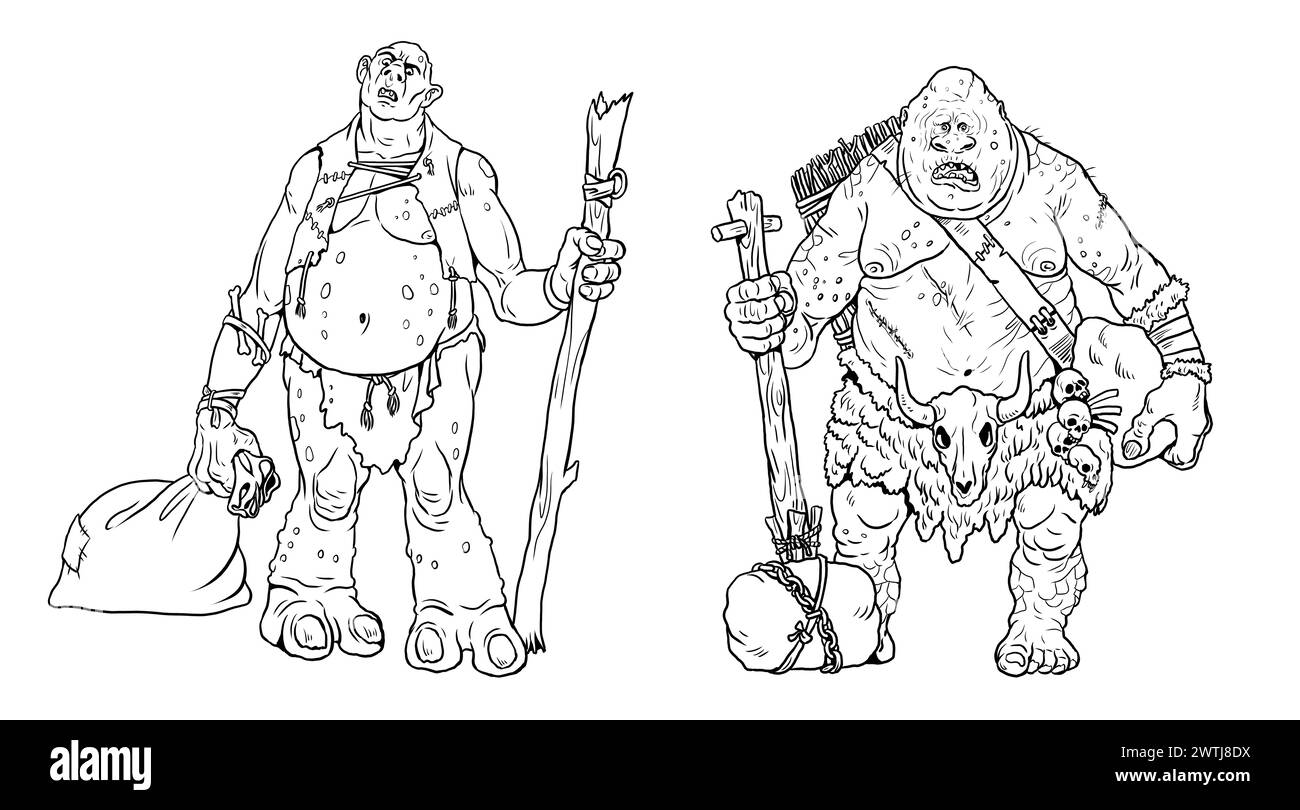 Troll fantasy che disegnano. Modello di colorazione per troll cannibale gigante. Foto Stock