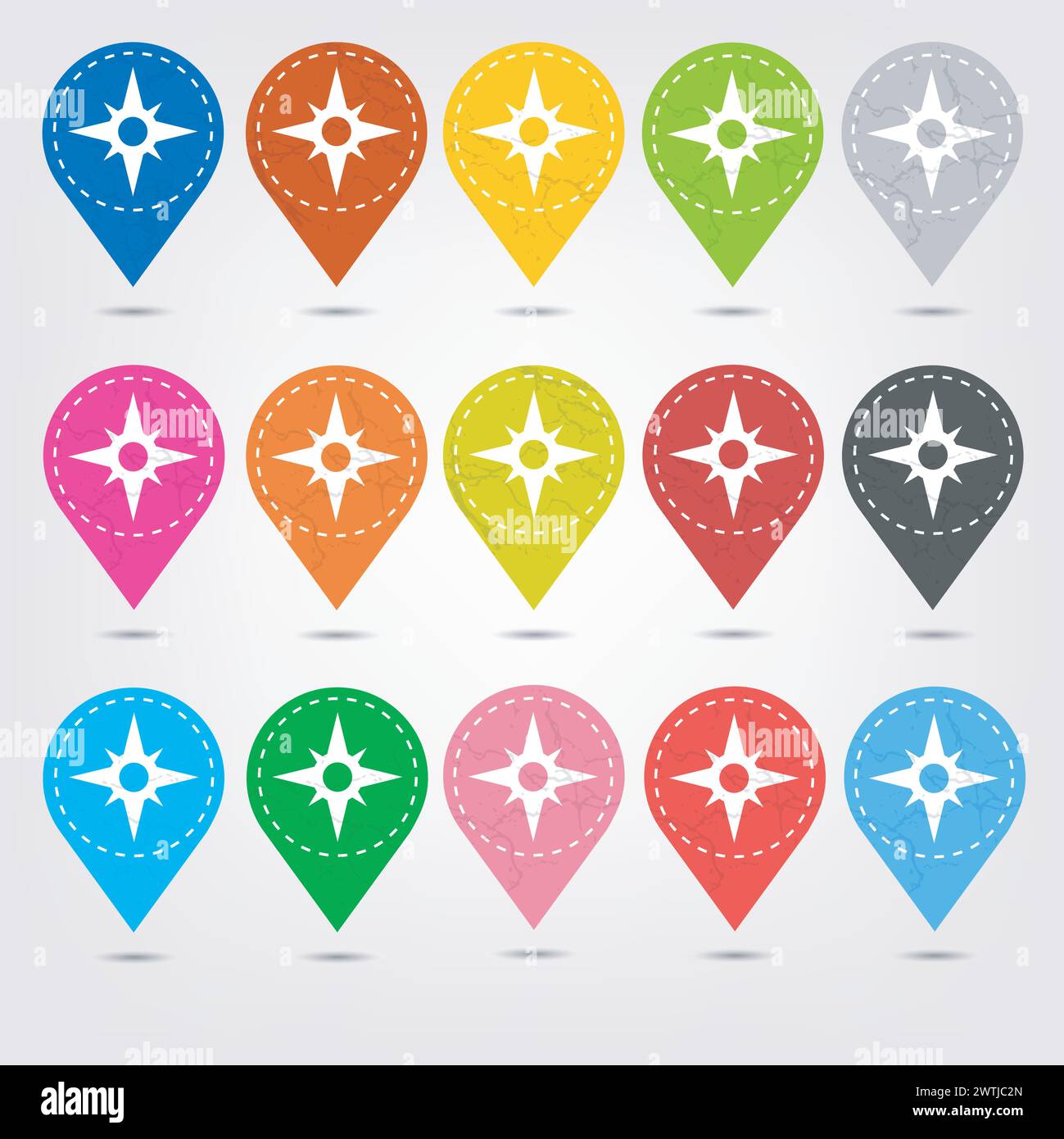 Set di icone dei perni di mappatura delle posizioni cucite a colori, illustrazione vettoriale Illustrazione Vettoriale