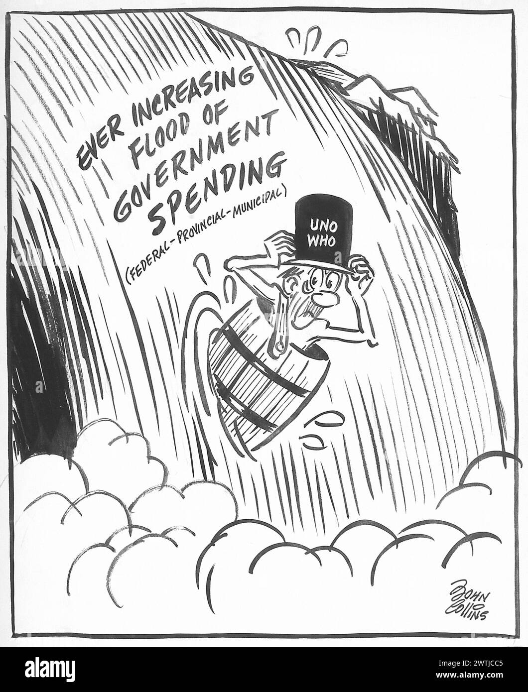 Cartoon - sulle Cascate del Niagara in un barilotto. John Collins (1917-2007) Foto Stock