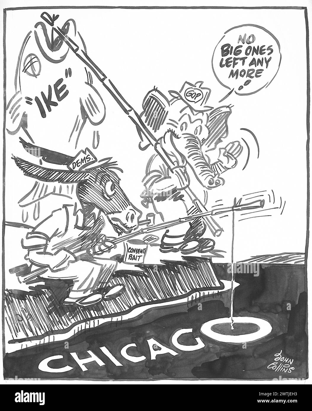 Cartoni animati - prendere il sopravvento al Fishing Hole. John Collins (1917-2007) Foto Stock